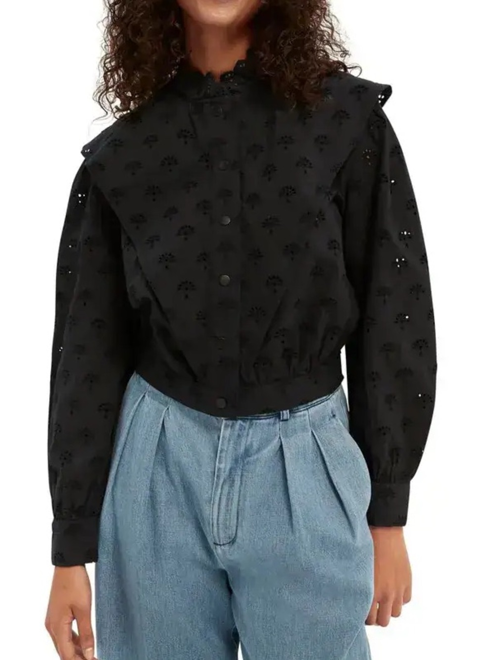 Scotch & Soda Black Eyelet Ruffle Collar Button-Down Top